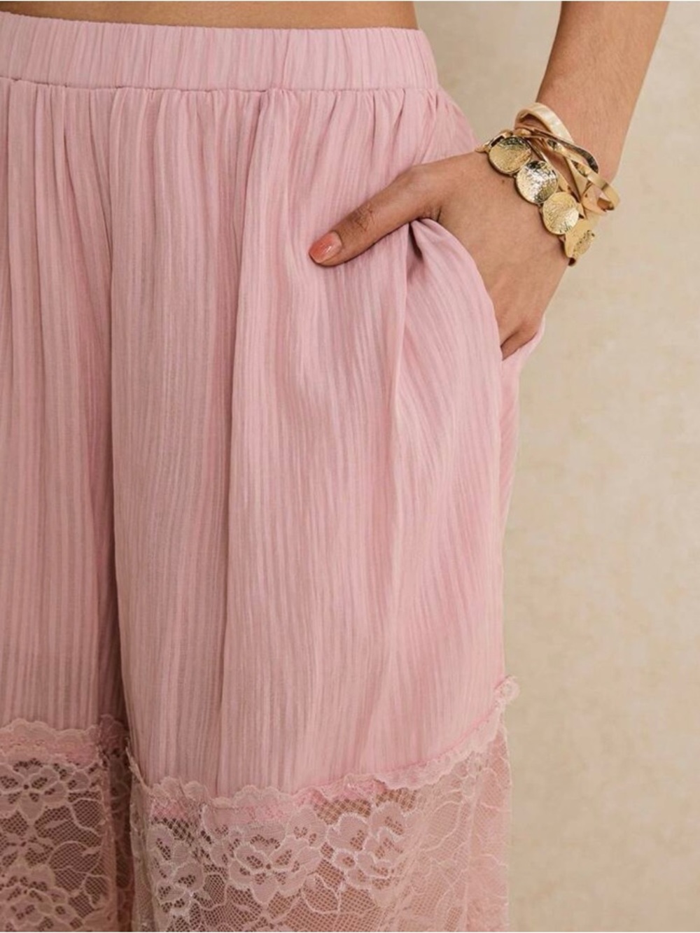 Blush Pink Lace Tiered Wide-Leg Pants – Chic Boho Lounge Set Bottom - Picture 2 of 3